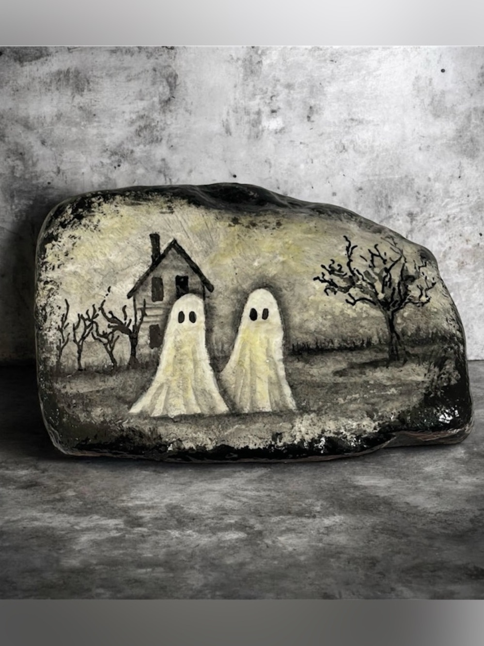 Hand Painted Halloween Ghost Rock Haunted House Gothic Spooky Decor OOAK